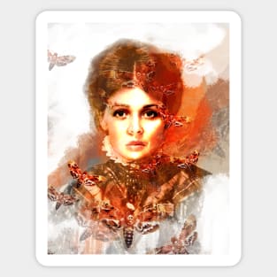 Mr. Ash's Studio enigmatic beautiful woman with scarlet hawkmoths deathshead moths Sticker